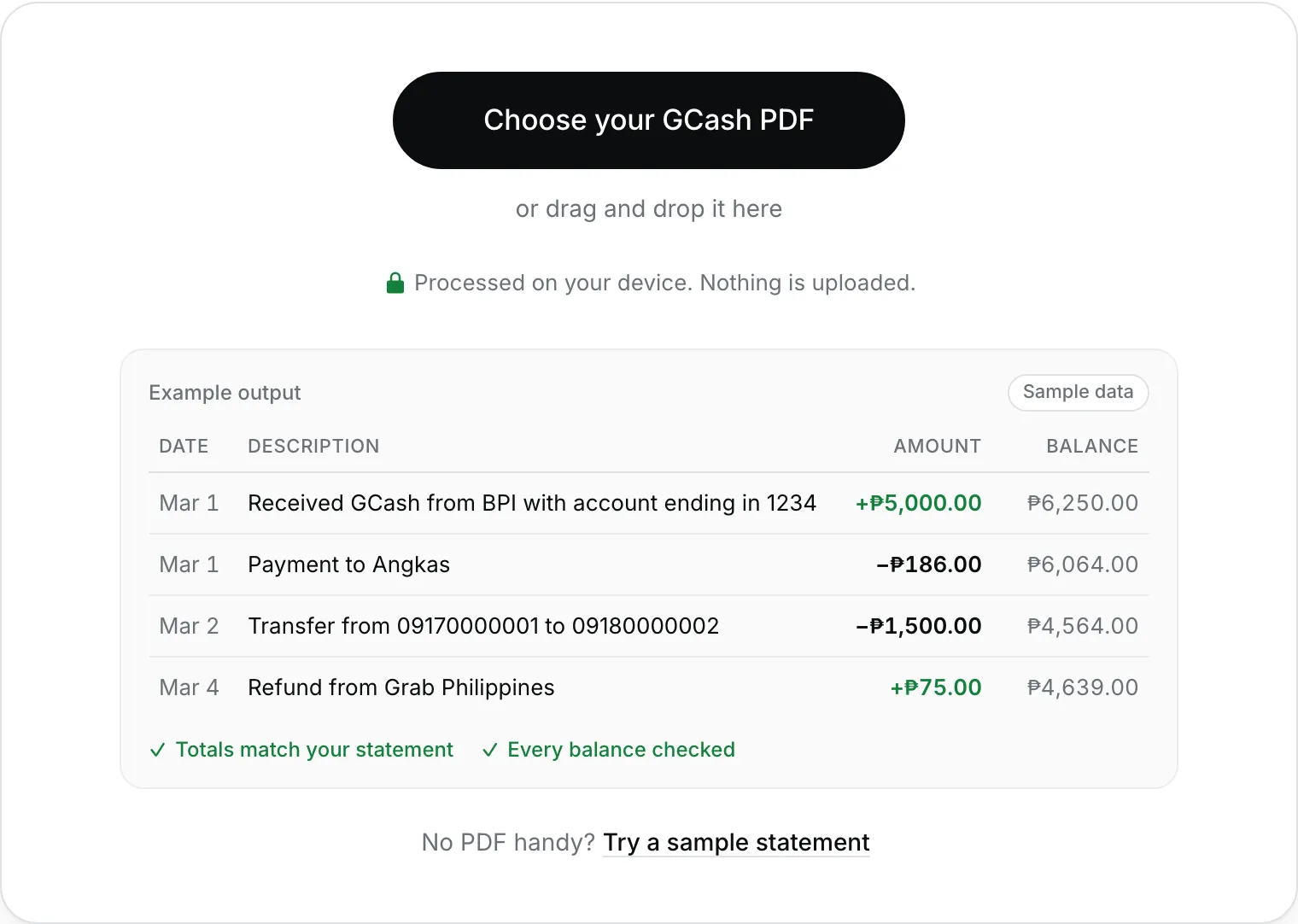 The converter card with the “Choose your GCash PDF” button, an example of the output, and the note “Processed on your device. Nothing is uploaded.”