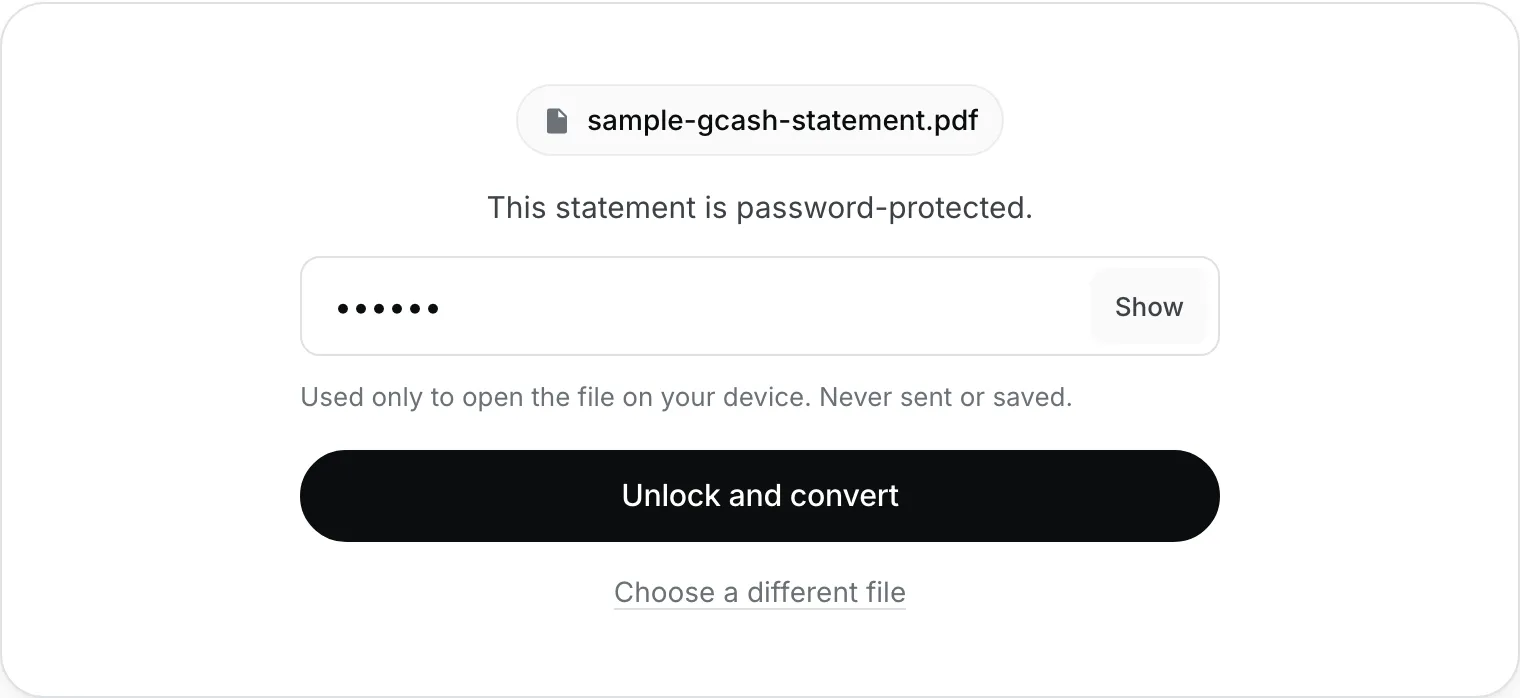 The password step: the file name, a password field with a Show button, and the “Unlock and convert” button.